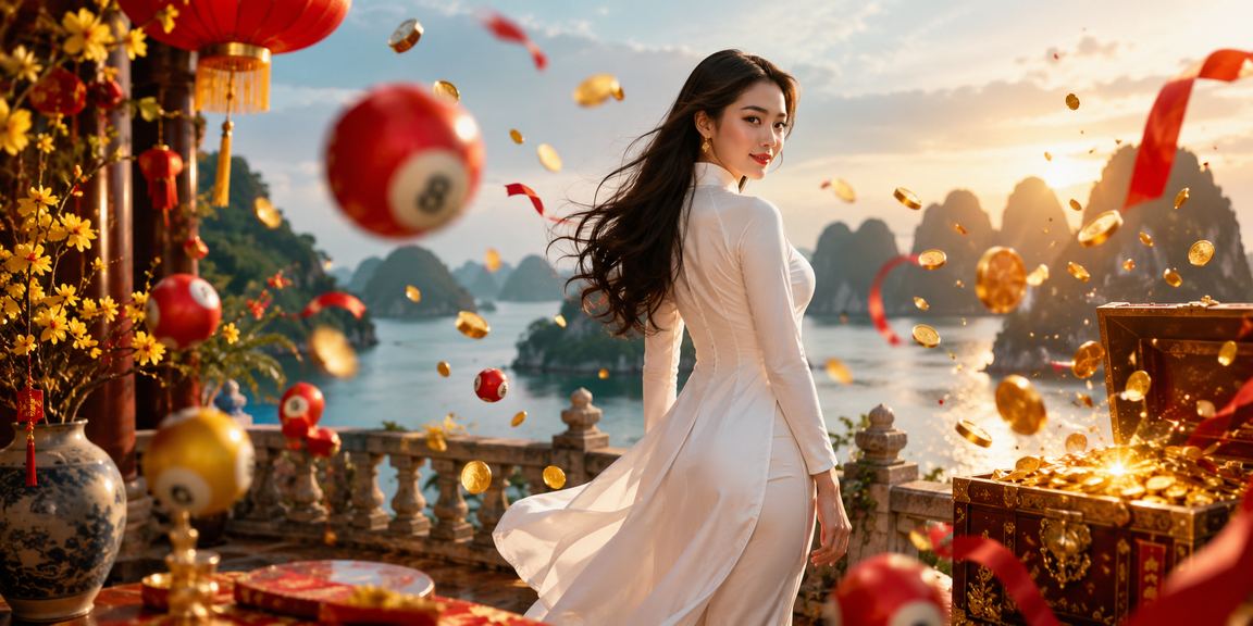 Phong cảnh Ninh Bình với người dùng trong trang phục áo dài tham gia xổ số và giải trí trực tuyến